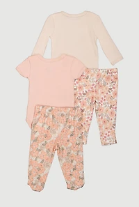 Baby Girls 0-9M Floral Graphic Bodysuits and Casual Pants 4 Pack, Pink, Size 6-9M