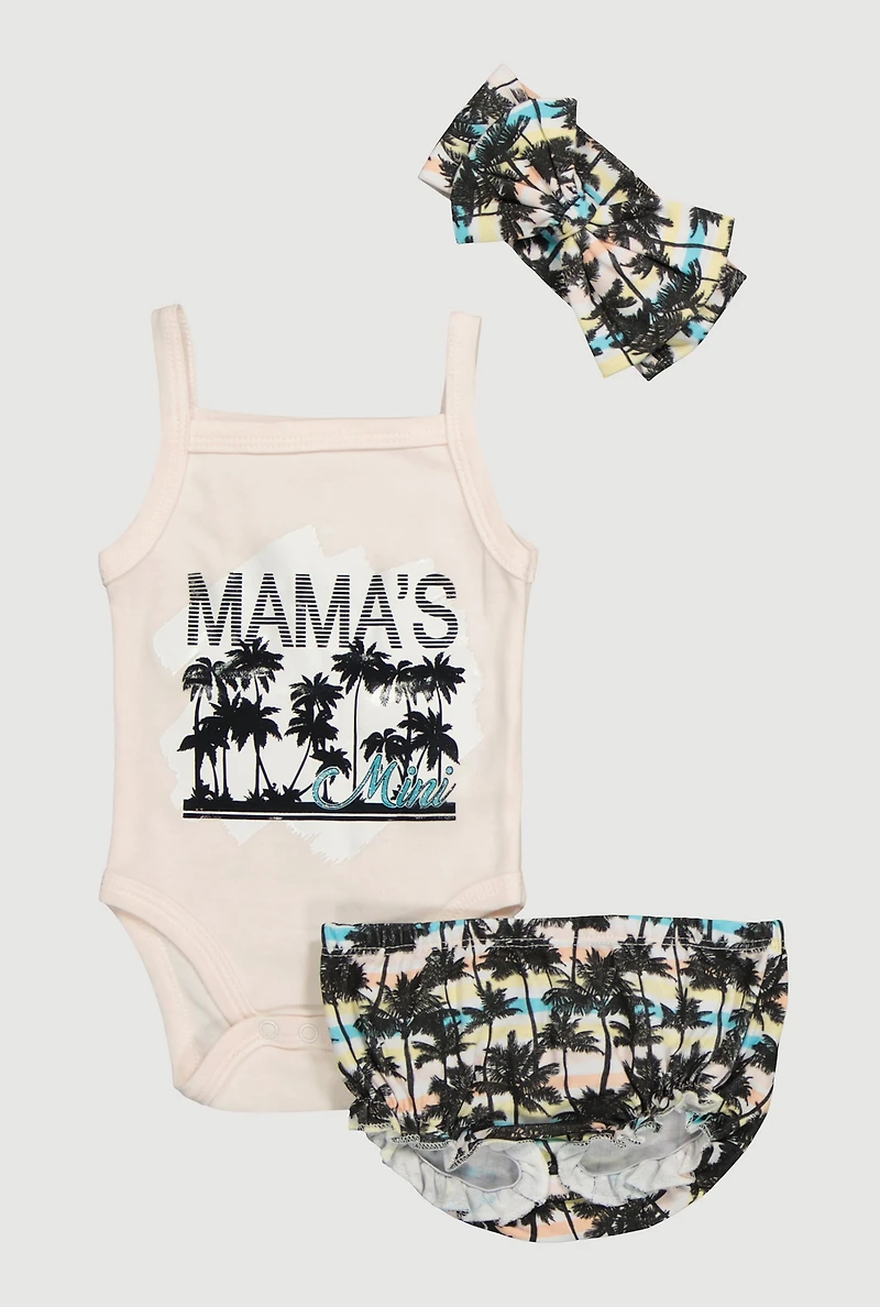 Baby Girls 0-9M Mamas Mini Bodysuit and Bubble Shorts Set with Palm Tree Print Headband