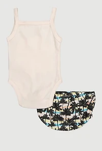 Baby Girls 0-9M Mamas Mini Bodysuit and Bubble Shorts Set with Palm Tree Print Headband, Multi,