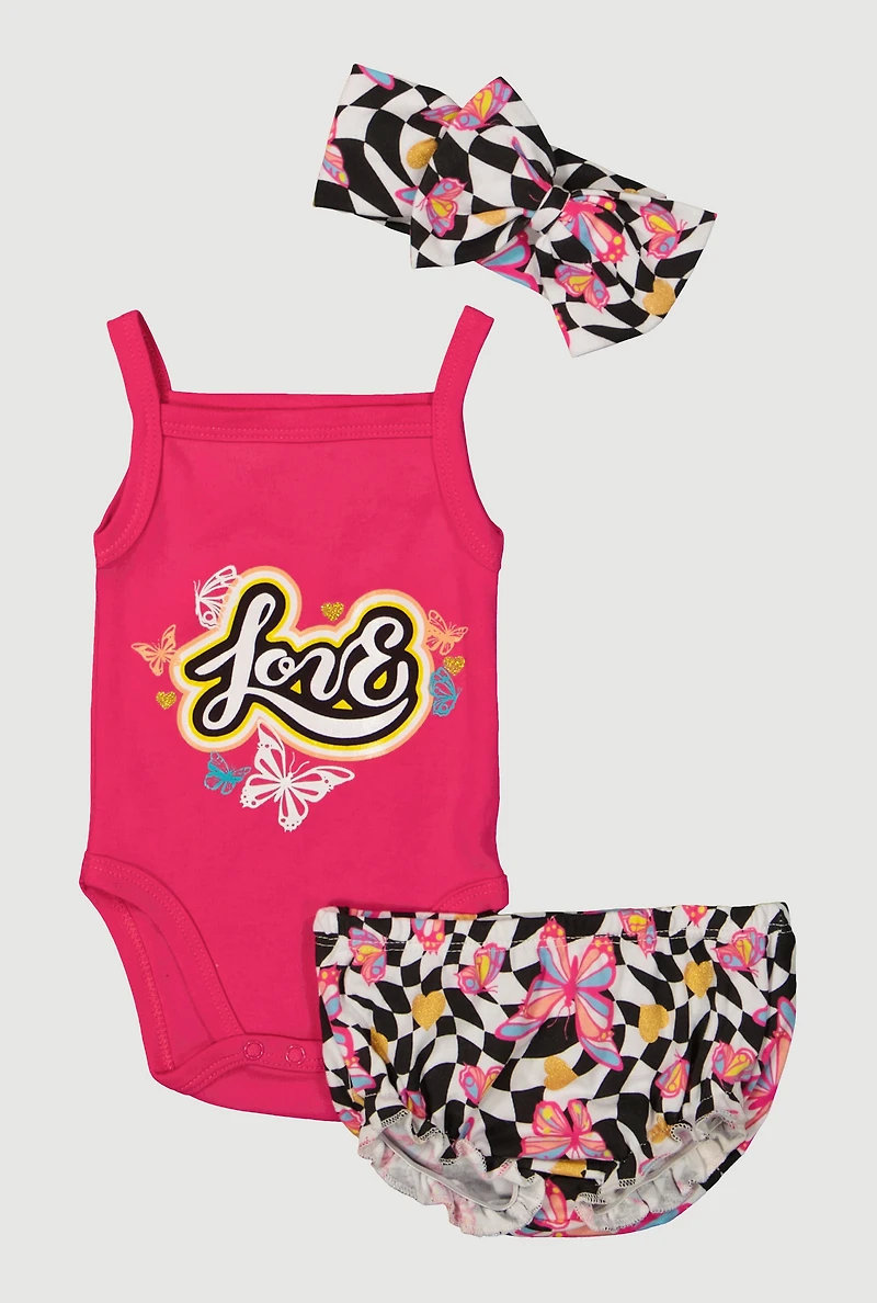 Baby Girls 0-9M Love Bodysuit and Checkered Shorts Set, Pink, Size 6-9M