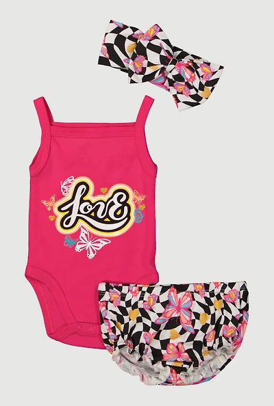 Baby Girls 0-9M Love Bodysuit and Checkered Shorts Set, Pink, Size 3-6M