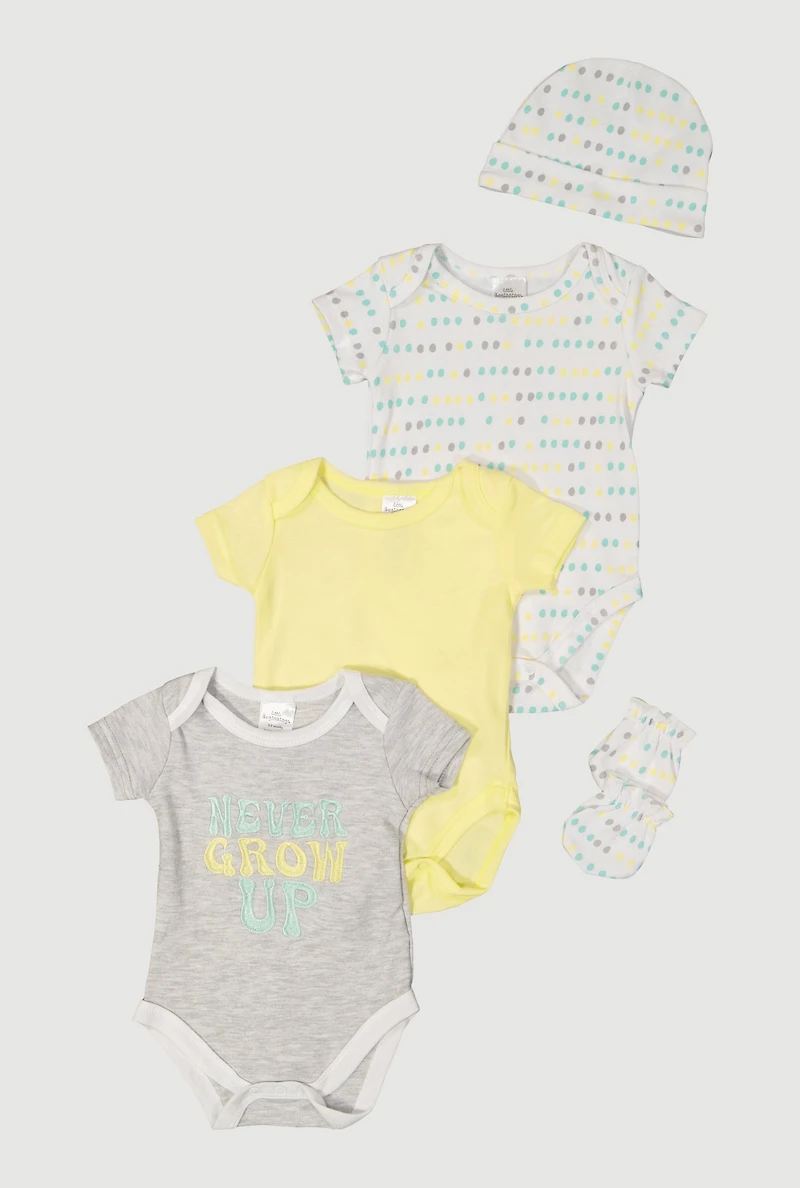Baby 0-9M Never Grow Up Graphic Bodysuits Set, Yellow, Size 3-6M