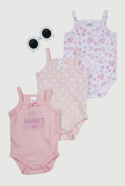 Baby Girls 0-9M Mamas Heart Graphic Bodysuits with Sunglasses, Pink, Size 3-6M