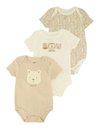Baby Boys 0-9M Beary Cute Chenille Patch Graphic Bodysuits 3 Pack, Beige, Size 3-6M