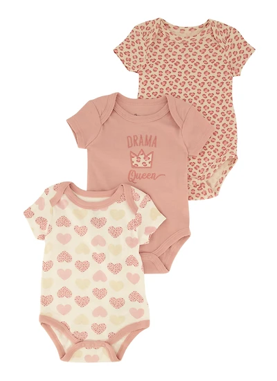 Baby Girls 0-9M Drama Queen Graphic Bodysuits 3 Pack, Pink, Size 6-9M