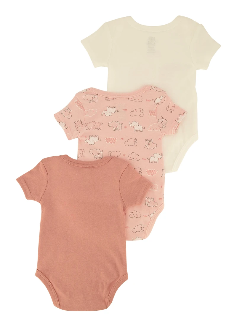 Baby Girls 0-9M Elephant Chenille Patch Graphic Bodysuits 3 Pack, Pink,