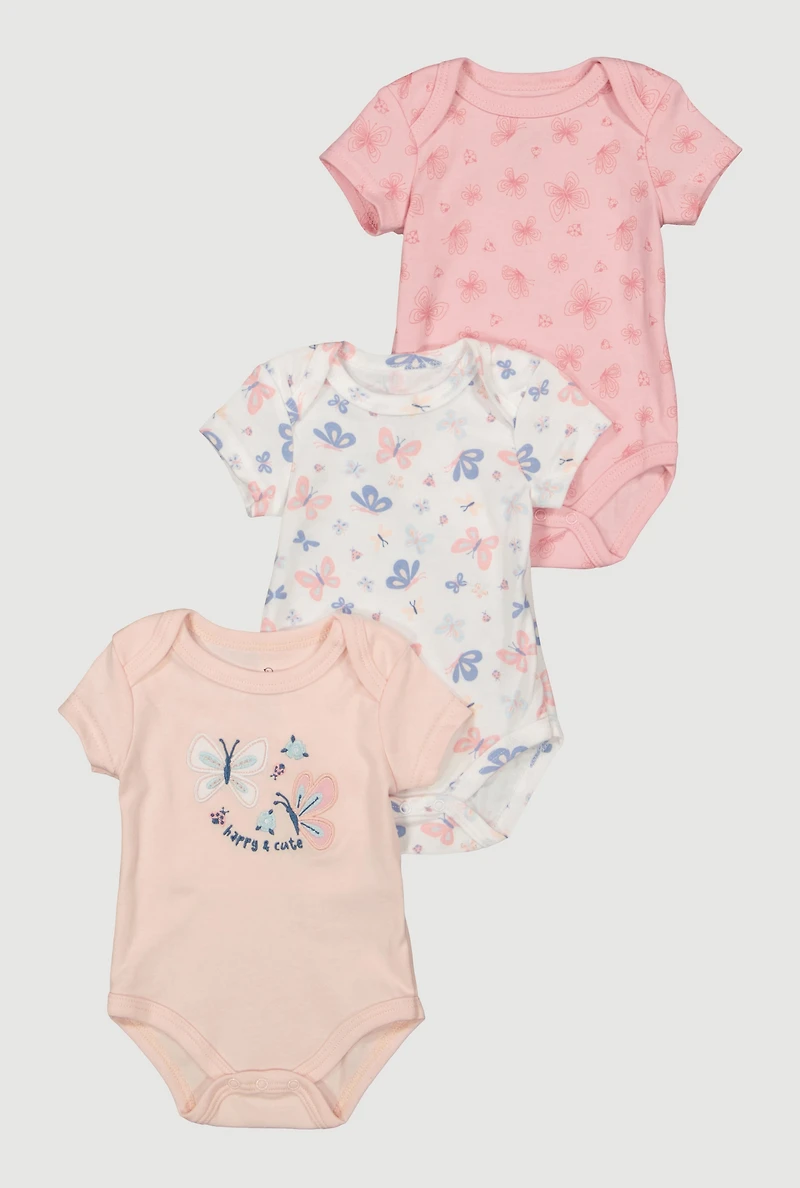 Baby Girls 0-9M Butterfly Happy and Cute Bodysuits 3 Pack, Multi, Size 3-6M