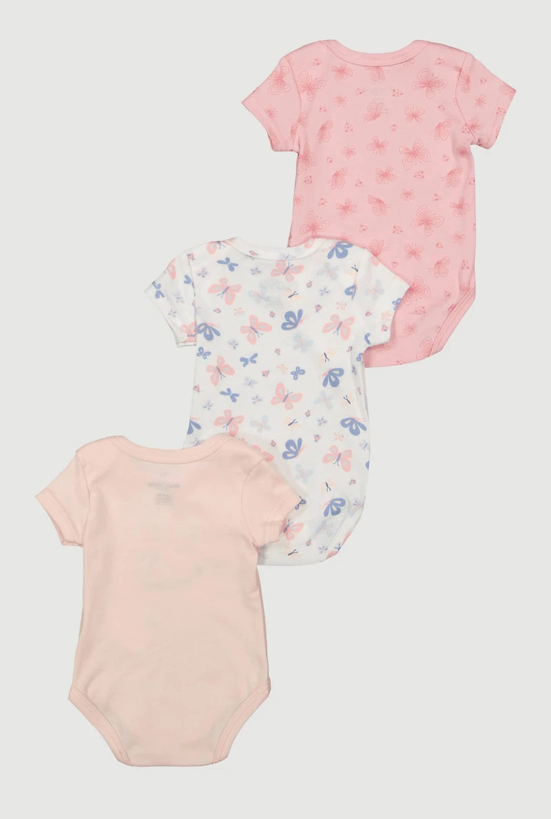 Baby Girls 0-9M Butterfly Happy and Cute Bodysuits 3 Pack, Multi, Size 3-6M