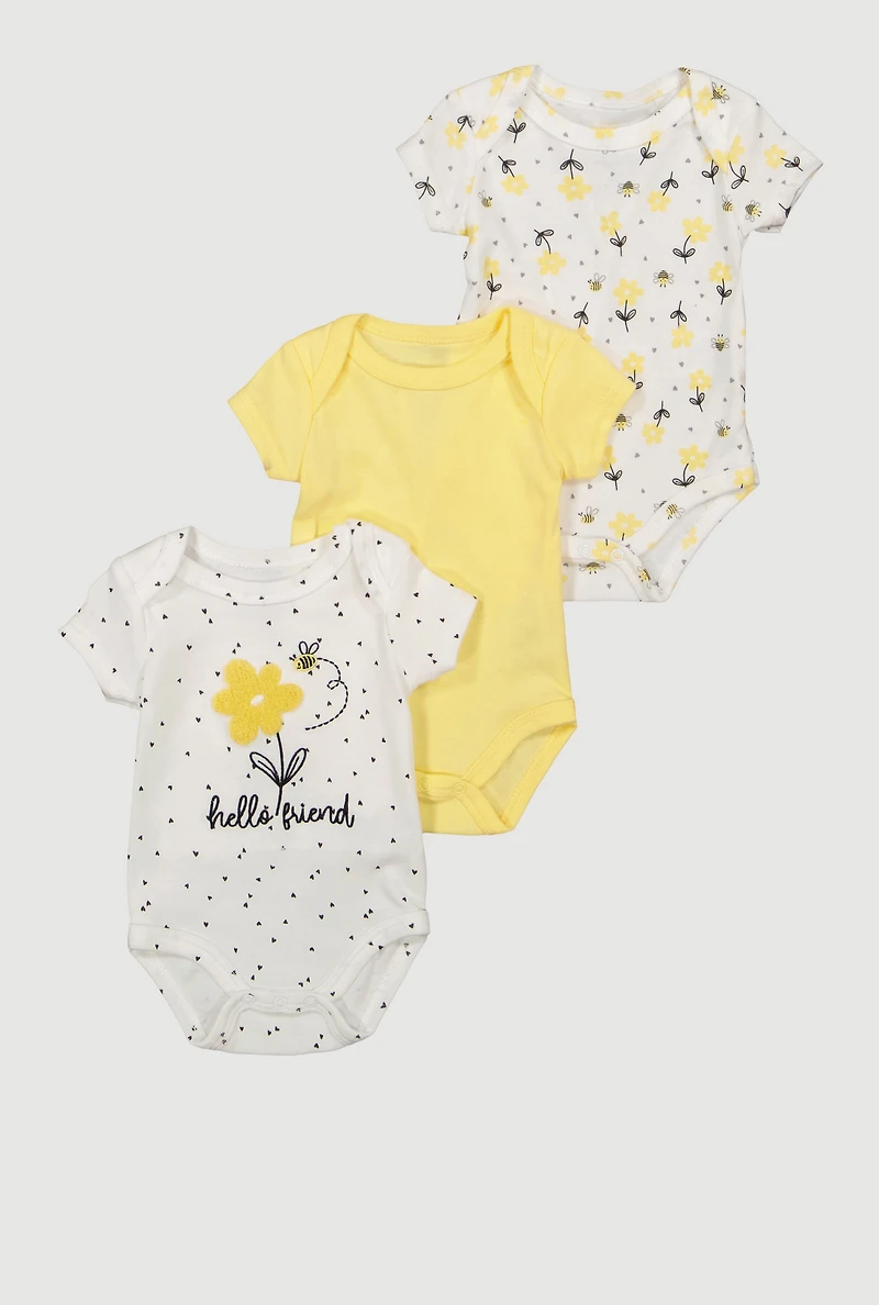 Baby Girls 0-9M Chenille Patch Hello Friend Graphic Bodysuits 3 Pack, Yellow, Size 3-6M