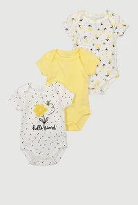 Baby Girls 0-9M Chenille Patch Hello Friend Graphic Bodysuits 3 Pack, Yellow, Size 3-6M