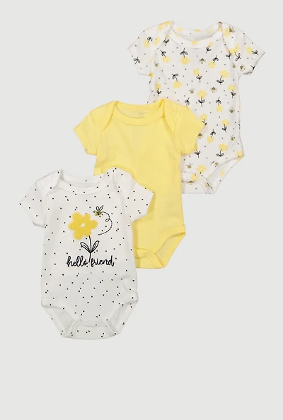 Baby Girls 0-9M Chenille Patch Hello Friend Graphic Bodysuits 3 Pack, Yellow, Size 0-3M