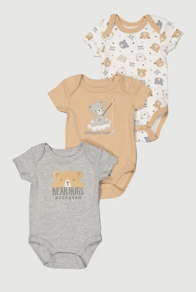 Baby Boys 0-9M Bear Hugs Chenille Patch Bodysuits 3 Pack, Beige, Size 6-9M