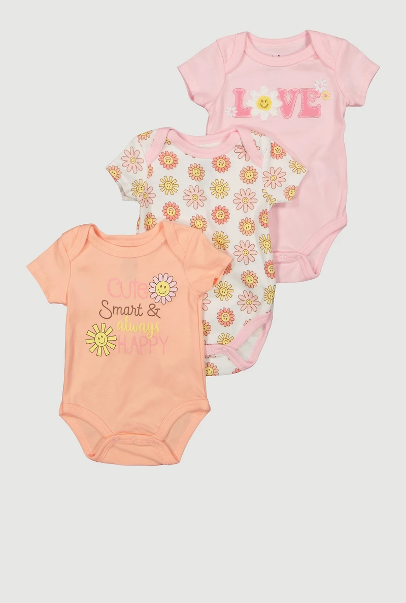 Baby Girls 0-9M Chenille Smiley Flower Bodysuits 3 Pack, Pink,
