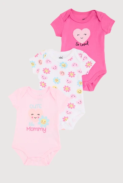 Baby Girls 0-9M Chenille Patch So Loved Graphic Bodysuits 3 Pack, Pink, Size 3-6M