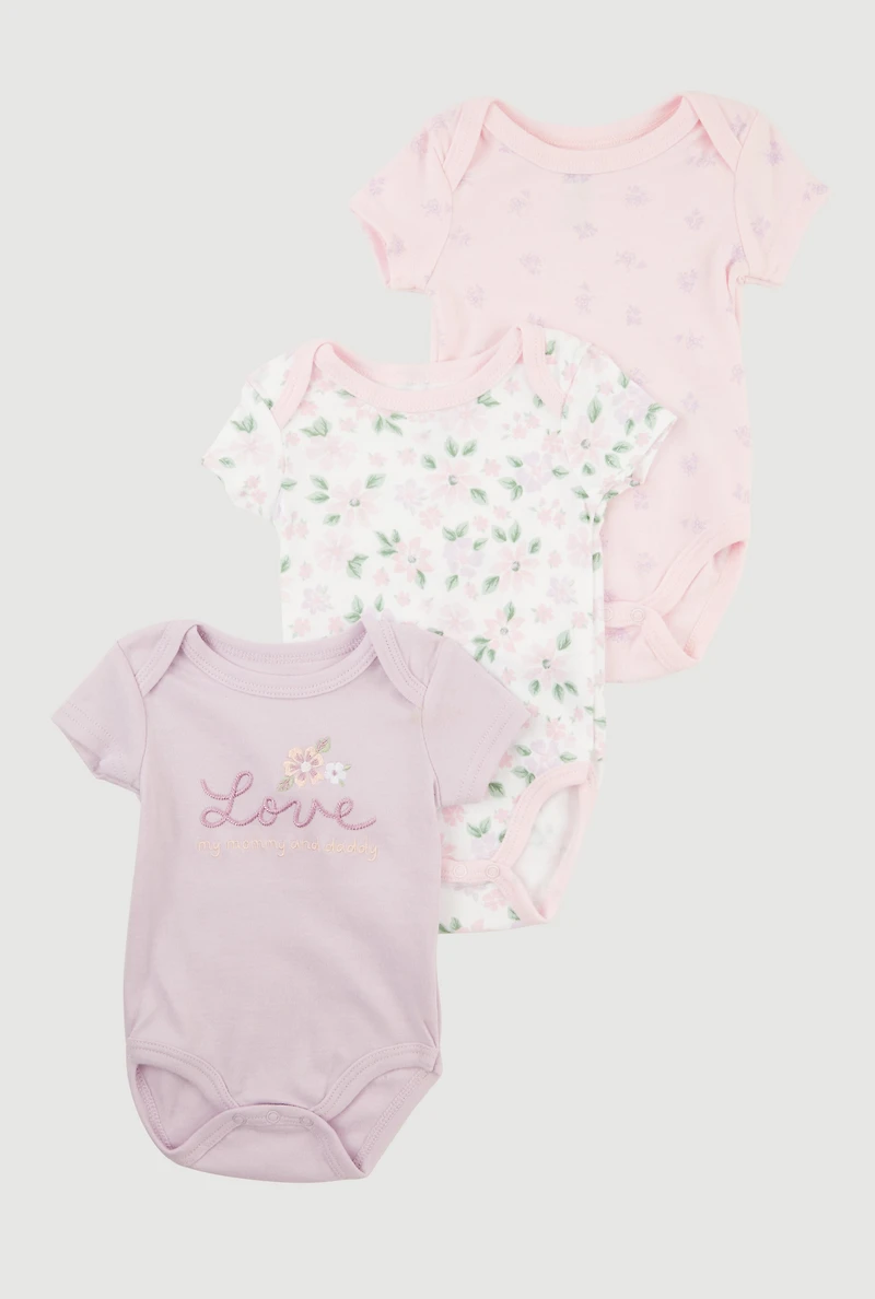 Baby Girls 0-9M Floral Love Graphic Bodysuits 3 Pack, Multi, Size 3-6M