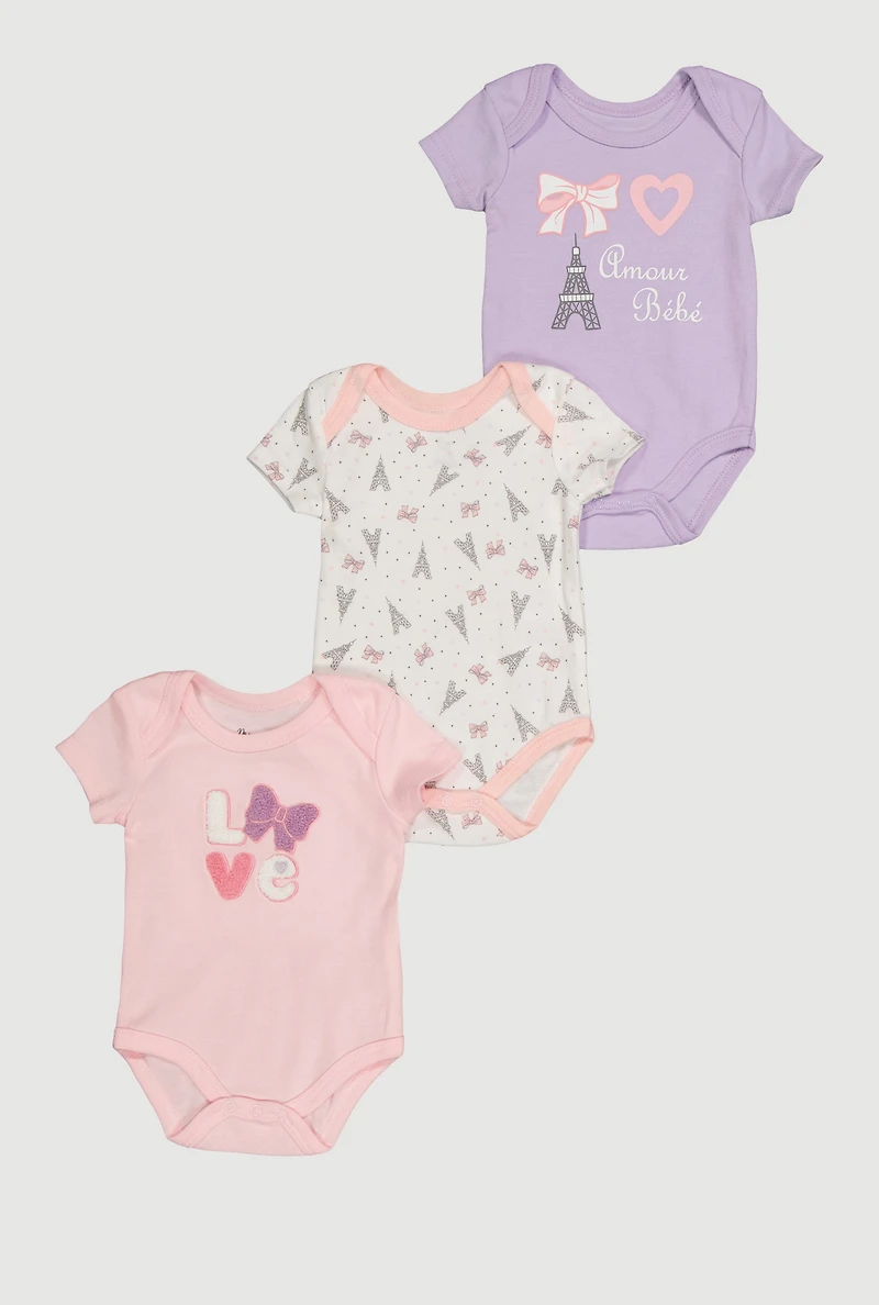 Baby Girls 0-9M Chenille Love Patch Graphic Bodysuits 3 Pack, Multi, Size 6-9M