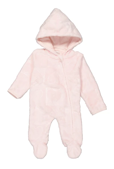 Baby Girls 0-9M Plush Heart Print Hooded Footed Jumpsuit