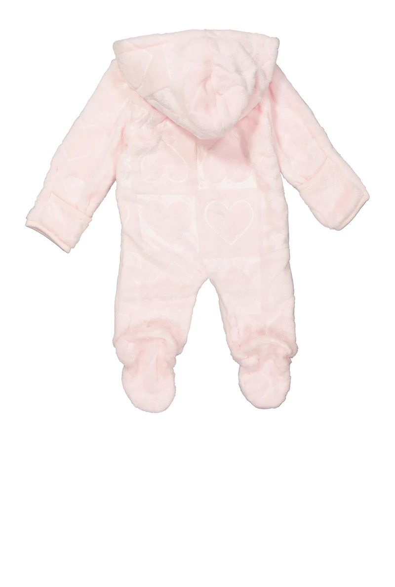 Baby Girls 0-9M Plush Heart Print Hooded Footed Jumpsuit, Pink, Size 3-6M