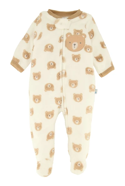 Baby Girls 0-9M Teddy Bear Graphic Print Footed Jumpsuit, Beige, Size 0-3M