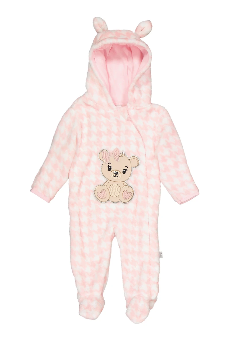 Baby Girls 0-9M Plush Zip Front Bear Graphic Hooded Jumpsuit, Pink, Size 6-9M