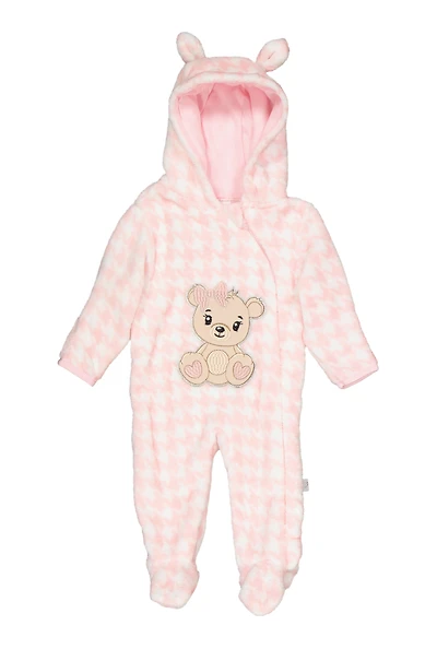 Baby Girls 0-9M Plush Zip Front Bear Graphic Hooded Jumpsuit, Pink, Size 6-9M
