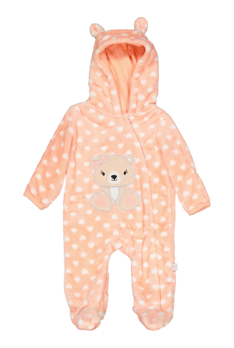 Baby Girls 0-9M Plush Heart Print Zip Front Bear Graphic Hooded Jumpsuit, Orange, Size 6-9M