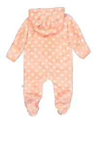 Baby Girls 0-9M Plush Heart Print Zip Front Bear Graphic Hooded Jumpsuit, Orange,