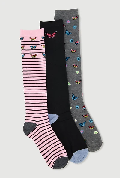 Toddler Girls Assorted Knee High Socks 3 Pack Size 5-10, Multi
