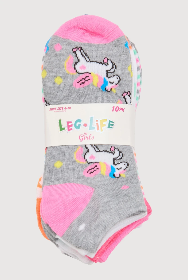 Girls Printed Pattern Ankle Socks 10 Pack, Multi