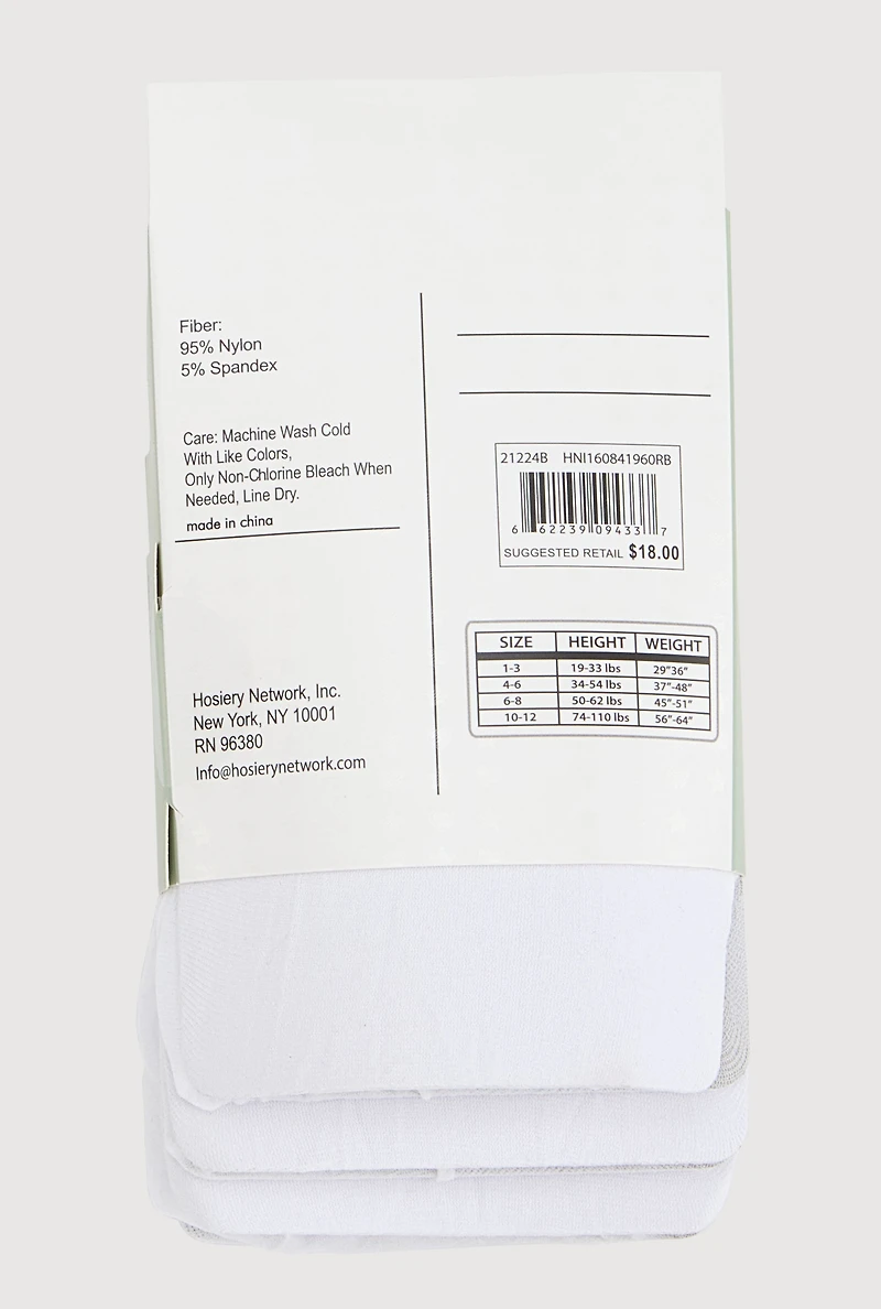 Little Girls Basic Footed Tights 3 Pack Size 4-6, White