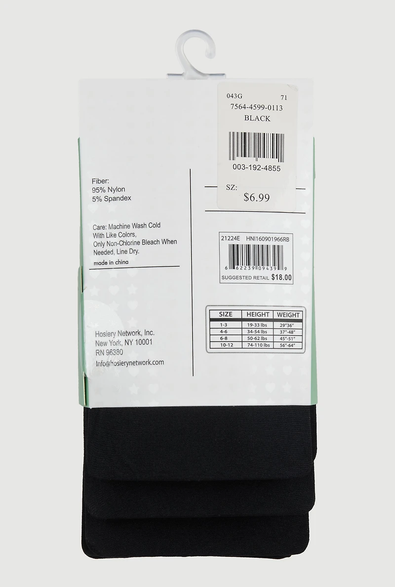 Girls Opaque Footed Tights 3 Pack Size 10-12, Black