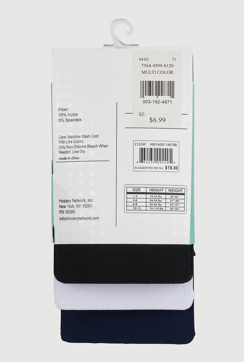 Toddler Girls Footed Tights 3 Pack Size 1-3