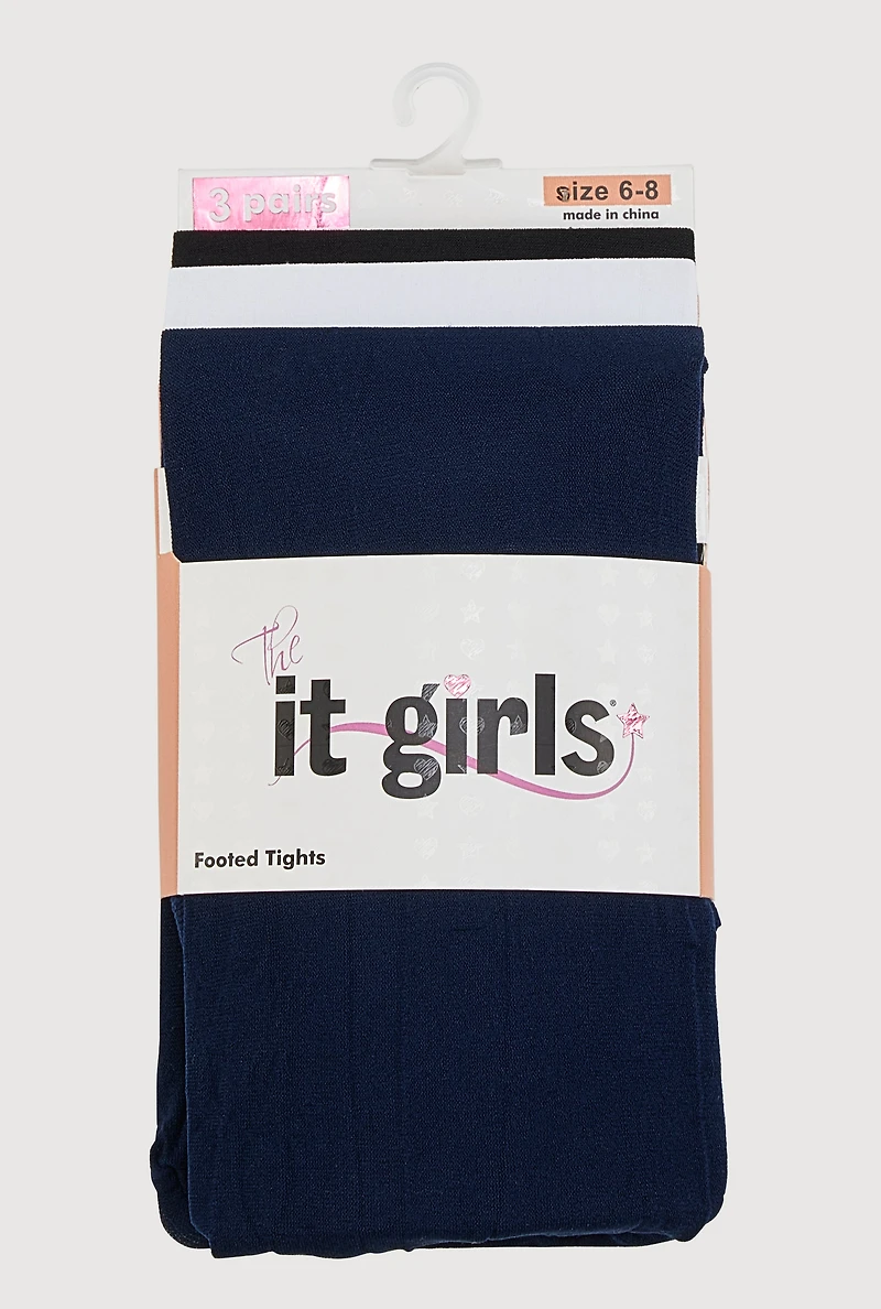 Girls Assorted Footed Tights 3 Pack Size 6-8, Multi