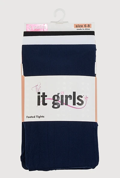 Girls Assorted Footed Tights 3 Pack Size 6-8, Multi