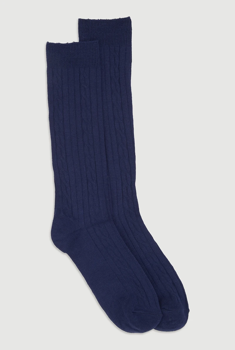 Girls Cable Knit Knee High Solid Socks 2 Pack, Blue