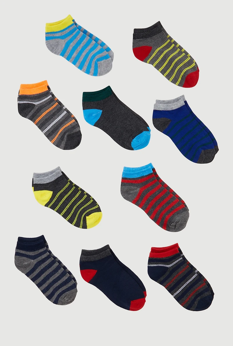 Boys Low Cut Striped Ankle Socks 10 Pack Size 5-10, Multi