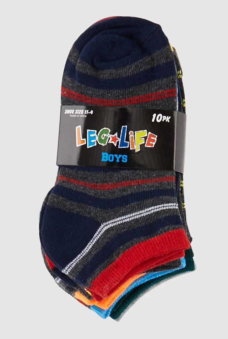 Boys Low Cut Striped Ankle Socks 10 Pack Size 5-10, Multi