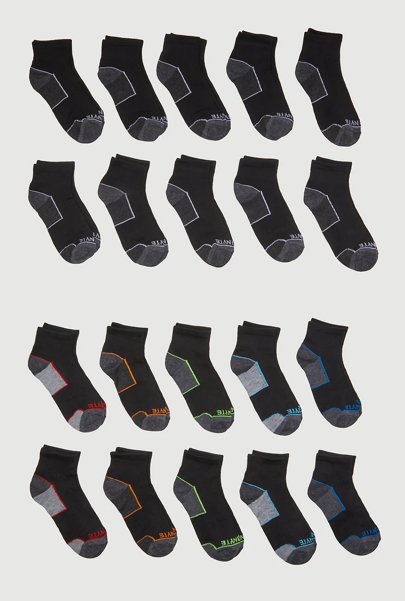 Boys Contrast Trim Quarter Socks 20 Pack, Black