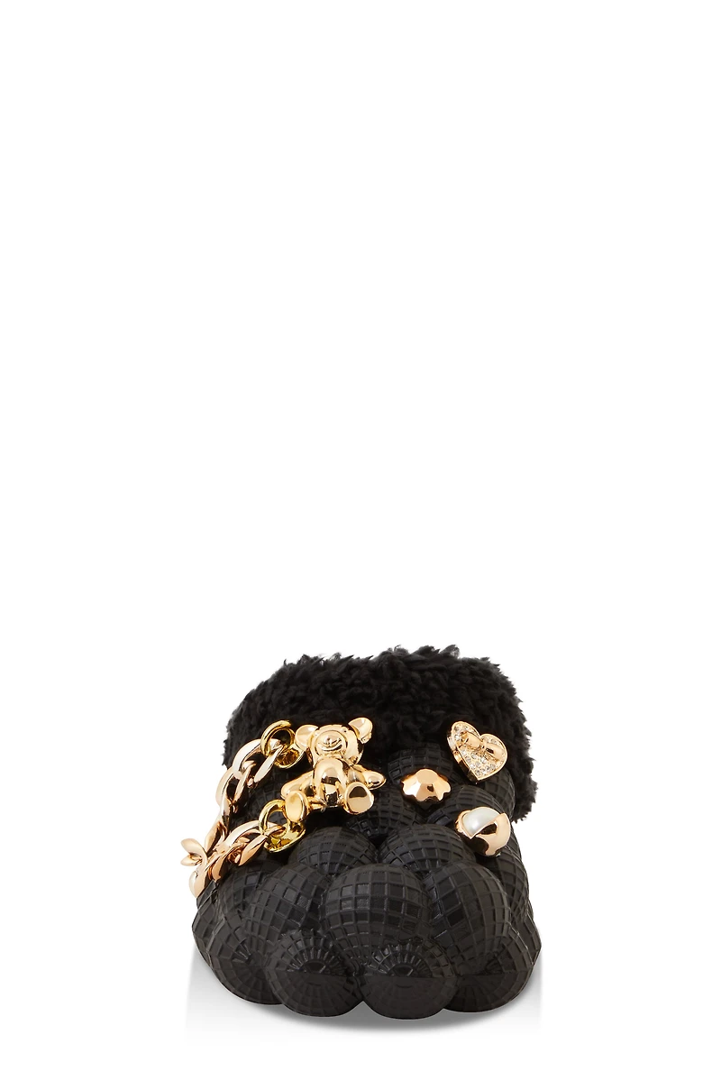 Womens Toddler Girls Multi Charm Sherpa Lined Bubble Slippers, Black, Size 7