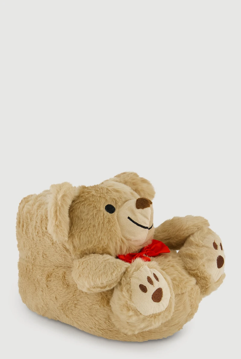 Womens Girls Faux Fur Teddy Slippers, Beige, Size 3