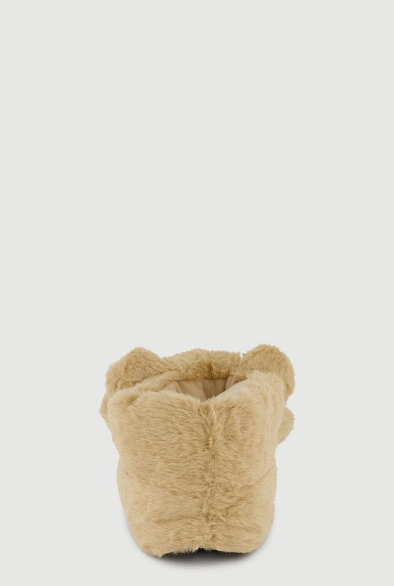 Womens Girls Faux Fur Teddy Slippers, Beige, Size 3