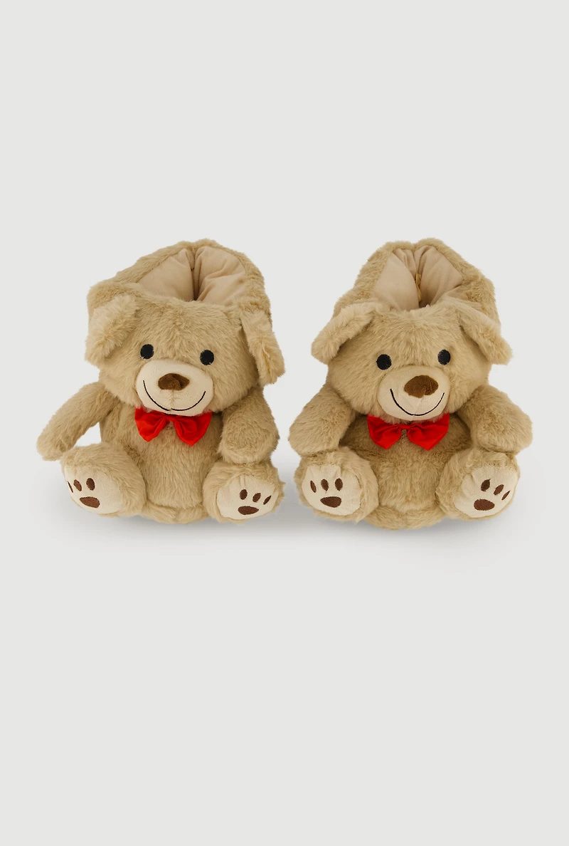 Womens Girls Faux Fur Teddy Slippers, Beige, Size 3