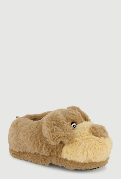Womens Girls Faux Fur Dog Slippers, Brown, Size 1