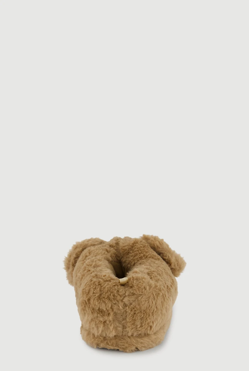 Womens Girls Faux Fur Dog Slippers, Brown, Size 1