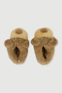 Womens Girls Faux Fur Dog Slippers, Brown, Size 1
