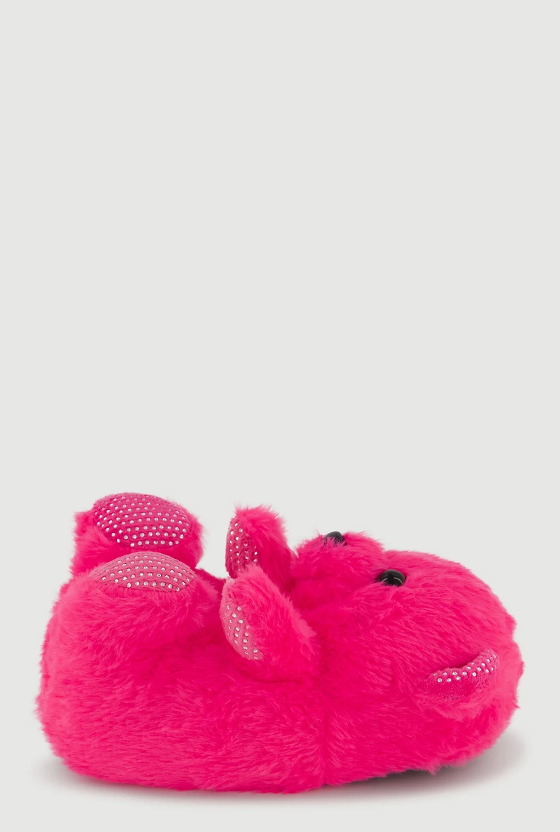 Womens Toddler Girls Rhinestone Detail Faux Fur Teddy Bear Slippers, Pink, Size 4