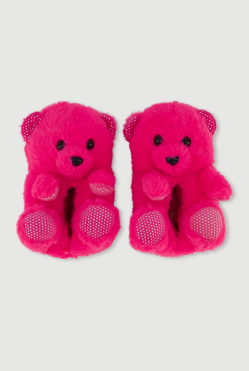 Womens Toddler Girls Rhinestone Detail Faux Fur Teddy Bear Slippers, Pink, Size 4