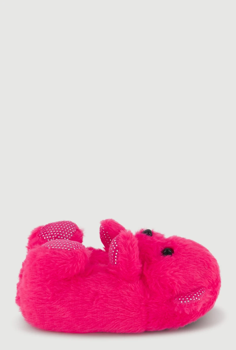 Womens Girls Rhinestone Detail Faux Fur Teddy Bear Slippers, Pink, Size 12