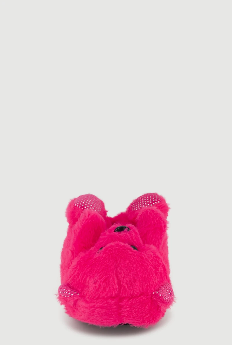 Womens Girls Rhinestone Detail Faux Fur Teddy Bear Slippers, Pink, Size 2
