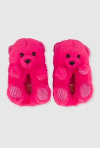 Womens Girls Rhinestone Detail Faux Fur Teddy Bear Slippers, Pink, Size 2